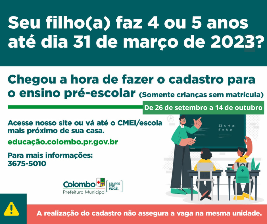 Prefeitura de Colombo realiza cadastramento do ensino Pré-Escolar/2023  a partir do dia 26 de setembro